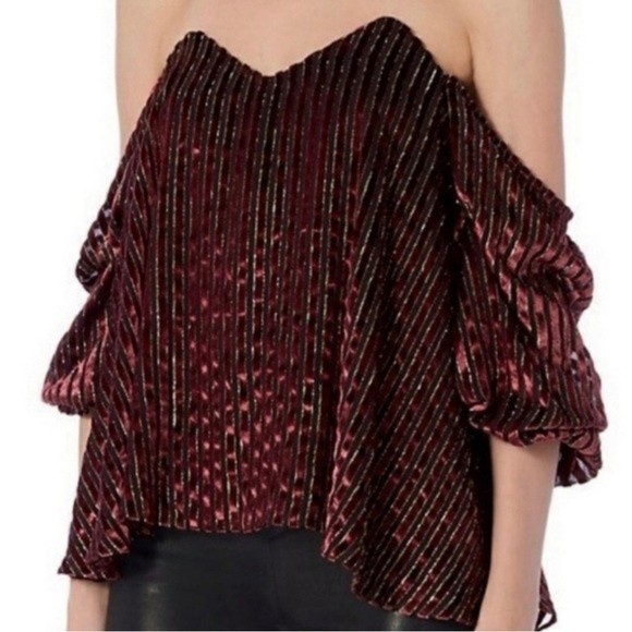 Caroline Constas Tops - Caroline Constas Gabrielle Velvet Bustier Red Black Stripe Off the Shoulder XS